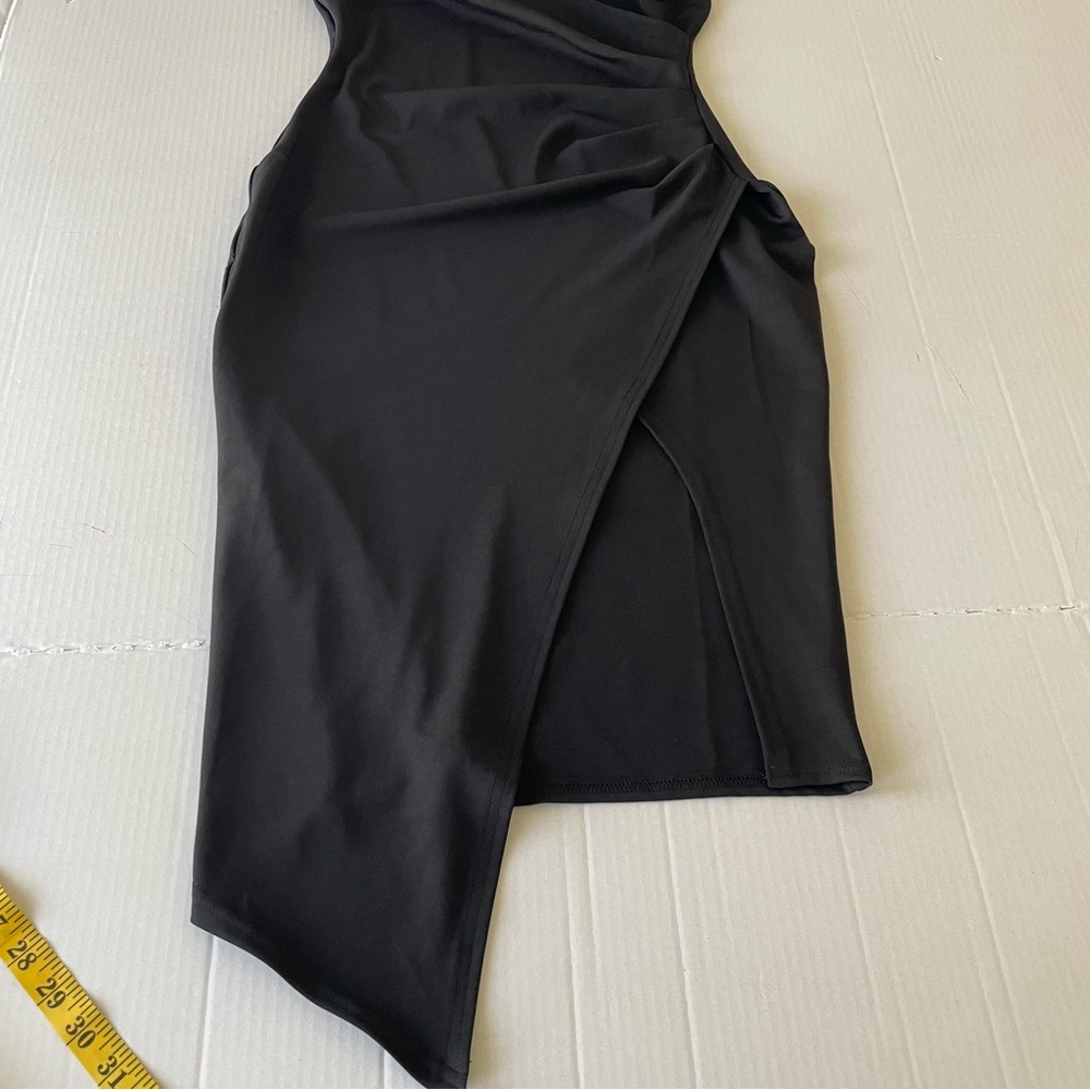 Boohoo Black Asymmetrical Wrap Dress Rushed Waist Little Black Dress Cap Sleeves - Picture 7 of 16